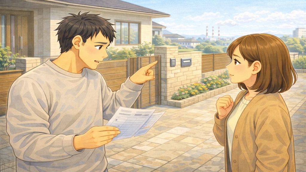 四日市市で夫婦が外構の補助金で悩んでいるイメージ